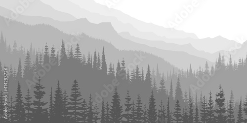 Mountains in the morning haze, black and white landscape