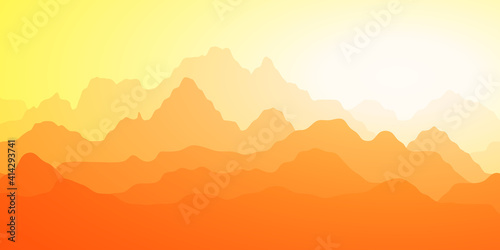 Fantasy on the theme of the morning landscape. Sunrise in the mountains  panoramic view  vector illustration