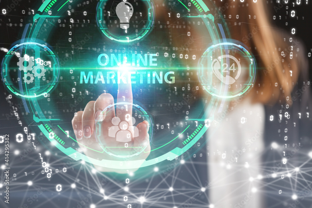Business, Technology, Internet and network concept. Young businessman working on a virtual screen of the future and sees the inscription: Online marketing Business, Technology, Internet and network concept. Young businessman working on a virtual screen of the future and sees the inscription: Online marketing