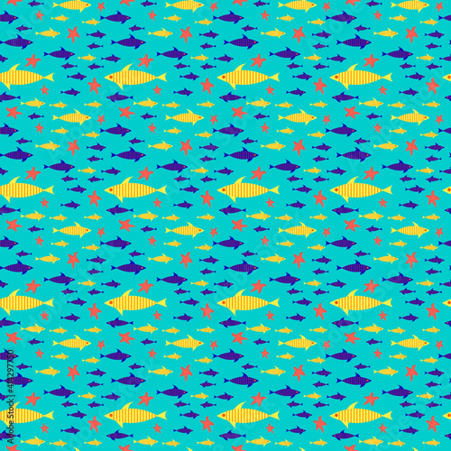 Pattern with yellow and blue fish. Sea summer illustration. Travel by sea. Vector illustration on a light blue background. Modern creative design for gifts  banners  brochures  greetings and
