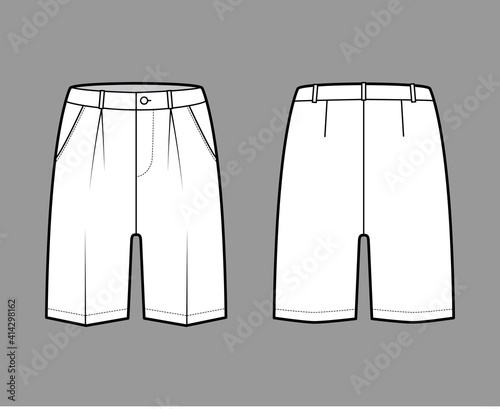 Short Bermuda dress pants technical fashion illustration with above-the-knee length, single pleat, low waist, rise, slashed pocket. Flat walking bottom front, back, white color. Women, men CAD mockup