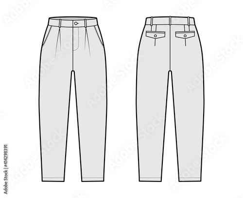 Capri pants technical fashion illustration with belt loops, mid-calf length, single pleat, normal waist, high rise, slashed, flap pocket. Flat breeches bottom front, back grey color. Women, CAD mockup