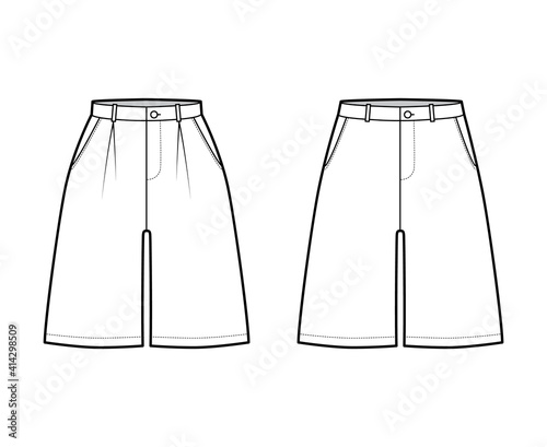 Set of Shorts baggy Bermudas dress pants technical fashion illustration with knee length, single pleat, normal low waist, high rise. Flat bottom template front white color style. Women, men CAD mockup