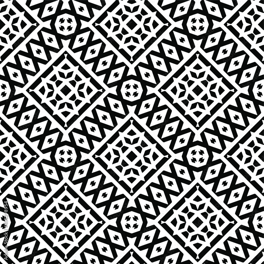 Geometric vector pattern with triangular elements. Seamless abstract ornament for wallpapers and backgrounds. Black and white colors.