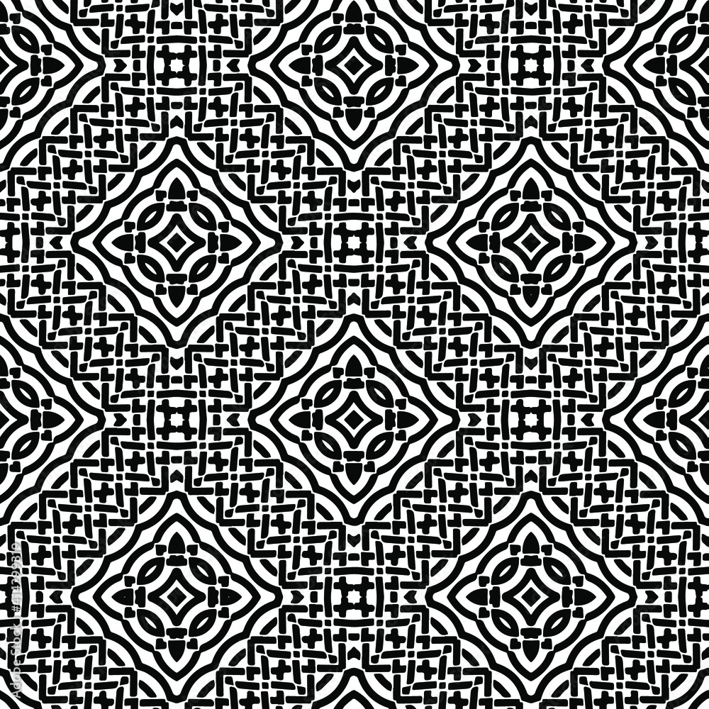  Geometric vector pattern with triangular elements. Seamless abstract ornament for wallpapers and backgrounds. Black and white colors.