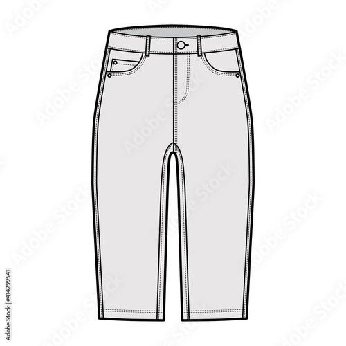 Denim short pants technical fashion illustration with knee length, low waist, rise, curved, coin, angled 5 pockets. Flat breeches bottom template front, grey color style. Women, men CAD mockup
