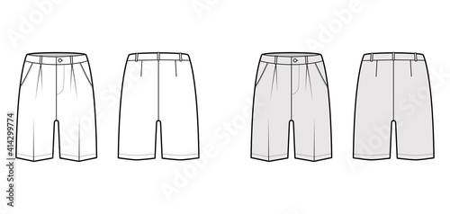Short Bermuda dress pants technical fashion illustration with above-the-knee length, single pleat, low waist, rise, slashed pocket. Flat walking bottom front, back, white grey color. Women CAD mockup