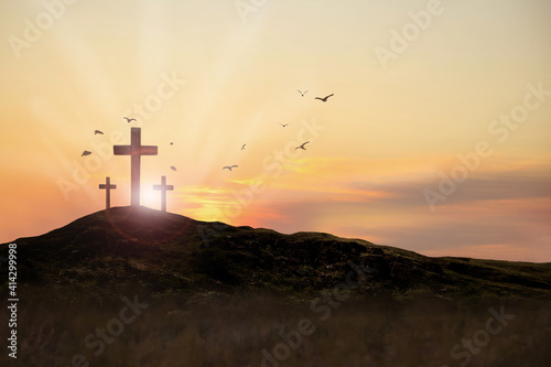 Christian crosses on hill outdoors at sunset. Crucifixion Of Jesus