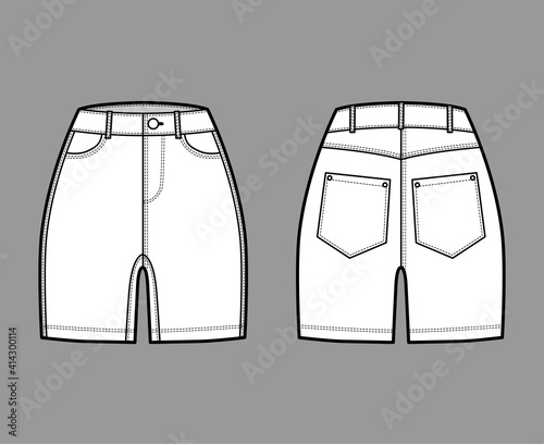 Denim short pants technical fashion illustration with mid-thigh length, normal waist, high rise, curved 5 pockets. Flat bottom template front, back, white color style. Women, men, unisex CAD mockup