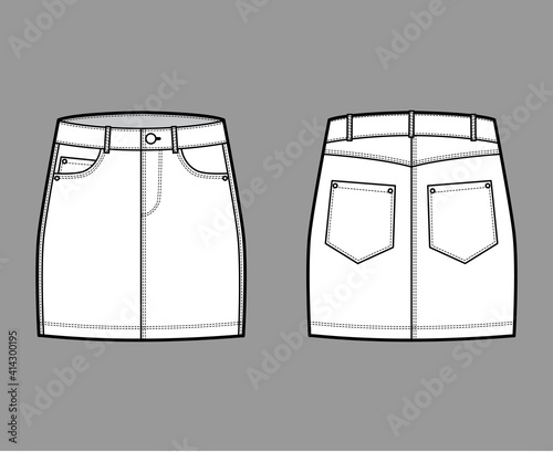 Denim skirt technical fashion illustration with mini length, low waist rise, curved and angled pockets. Flat bottom template front, back, white color style. Women, men, unisex CAD mockup