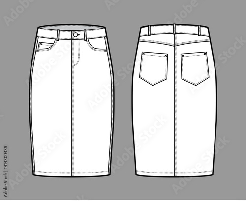 Denim pencil skirt technical fashion illustration with knee length, low waist rise, curved, coin, angled pockets. Flat bottom template front, back, white color style. Women, men, unisex CAD mockup