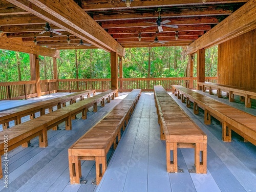 Wooden building in a lush jungle forest