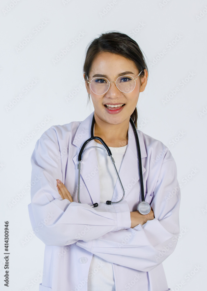 Portrait of a beautiful female doctor posing to take a photo on white background Portrait of a beautiful female doctor posing to take a photo on white background