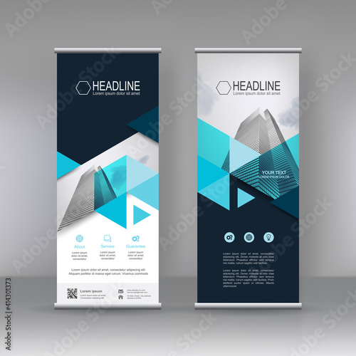 Blue Roll up banner stand brochure flyer vertical template design, covers ,infographics ,vector abstract geometric background, modern x-banner and flag-banner advertising design element