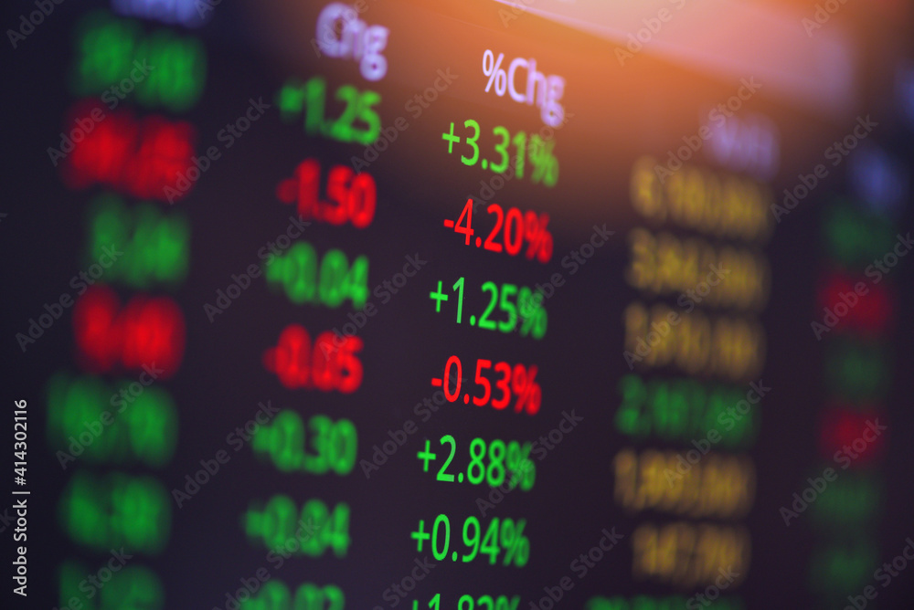 Obraz premium Stock exchange trading analysis investment financial on display crisis stock crash down and grow up gain and profits financial impact or forex graph Stock market digital graph chart business indicator