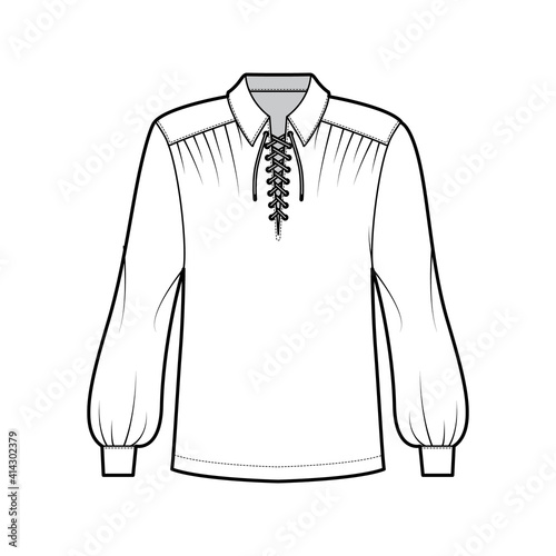 Pirate blouse technical fashion illustration with bouffant long sleeves, poet lacing collar, oversized, tunic length. Flat apparel top template front, white color. Women, men unisex CAD mockup