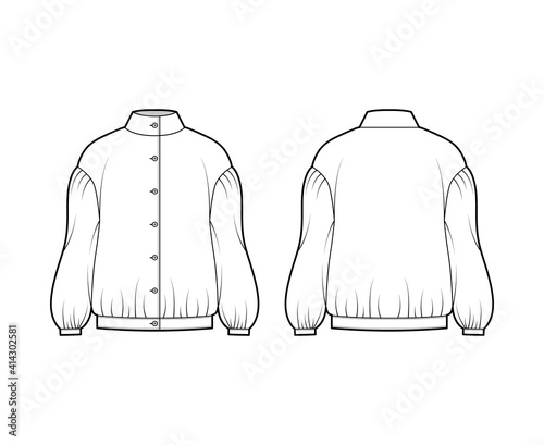 Balkan blouse technical fashion illustration with bouffant dropped long sleeves, stand neck, oversized, button up. Flat apparel top template front, back, white color. Women, men unisex CAD mockup