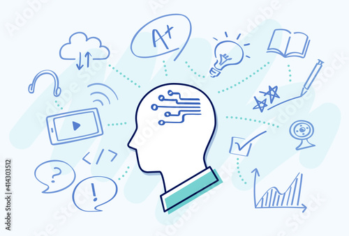 digital human head illustration: hand drawn learning icons. Artificial Intelligence, digital technology, social network. online learning solutions, flipped classroom, back to school.