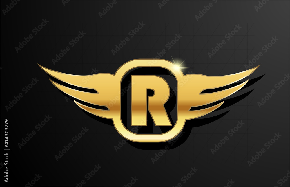 R gold letter logo alphabet for business and company with yellow color. Corporate brading and lettering with golden metal design and wing R gold letter logo alphabet for business and company with yellow color. Corporate brading and lettering with golden metal design and wing