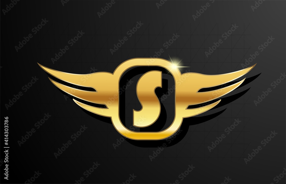S gold letter logo alphabet for business and company with yellow color. Corporate brading and lettering with golden metal design and wing S gold letter logo alphabet for business and company with yellow color. Corporate brading and lettering with golden metal design and wing