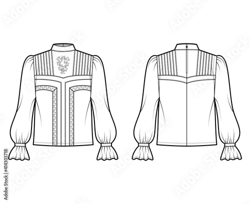 Victorian blouse technical fashion illustration with bishop ruffles long sleeves, stand collar, oversized, lace. Flat apparel top template front, back, white color. Women, men unisex CAD mockup