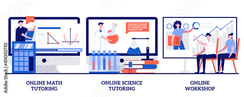 Online math and science tutoring, online workshop concept with tiny people. Personalised learning vector illustration set. Homeschooling, educational platform, video lessons, master class metaphor