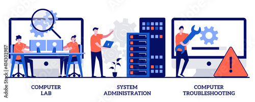 Computer lab, system administration, troubleshooting concept with tiny people. Computers and software vector illustration set. Information technology, network upkeeping, operating system metaphor
