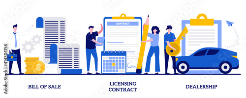 Bill of sale, licensing contract, dealership concept with tiny people. Business documents vector illustration set. Intellectual property agreement, authorized dealer, electronic signature metaphor