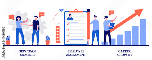 New team members, employee assessment, career growth concept with tiny people. Career development vector illustration set. Performance review, SWOT analysis, job position, project team metaphor