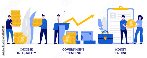 Income inequality, government spending, money lending concept with tiny people. Money distribution abstract vector illustration set. Salary gap, country budget, bank credit, individual loan metaphor