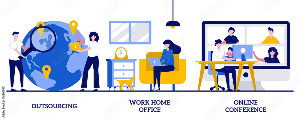 Naklejka premium Outsourcing, work home office, online conference concept with tiny people. Distance working abstract vector illustration set. Freelance job, team digital meeting, IT business, internet platform