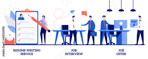 Resume writing service, job interview, job offer concept with tiny people. Employment process abstract vector illustration set. CV online, cover letter, candidate profile, recruiter, hiring manager