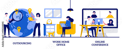 Outsourcing, work home office, online conference concept with tiny people. Distance working abstract vector illustration set. Freelance job, team digital meeting, IT business, internet platform