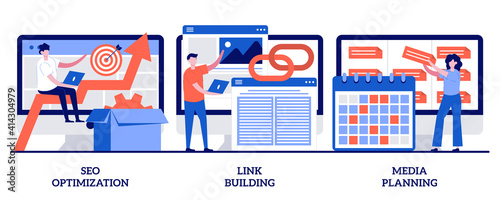 SEO optimization, link building, media planning concept with tiny people. Internet business development abstract vector illustration set. Networking strategy, task management metaphor