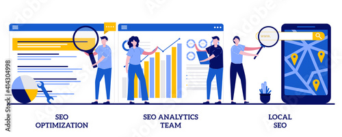 SEO optimization, SEO analytics team, local SEO concept with tiny people. Search engines page rank abstract vector illustration set. Keyword and link building, internet promotion, visibility metaphor