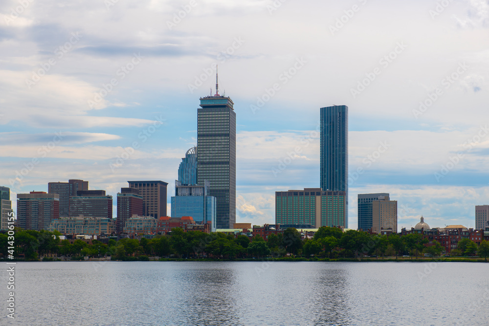 Boston Back Bay modern city skyline including Prudential Tower and Four Seasons Hotel at One Dalton Street viewed across Charles River in Cambridge, Boston, Massachusetts MA, USA. Boston Back Bay modern city skyline including Prudential Tower and Four Seasons Hotel at One Dalton Street viewed across Charles River in Cambridge, Boston, Massachusetts MA, USA.