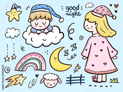 Cute goodnight drawing doodle illustration cartoon with rainbow and clouds
