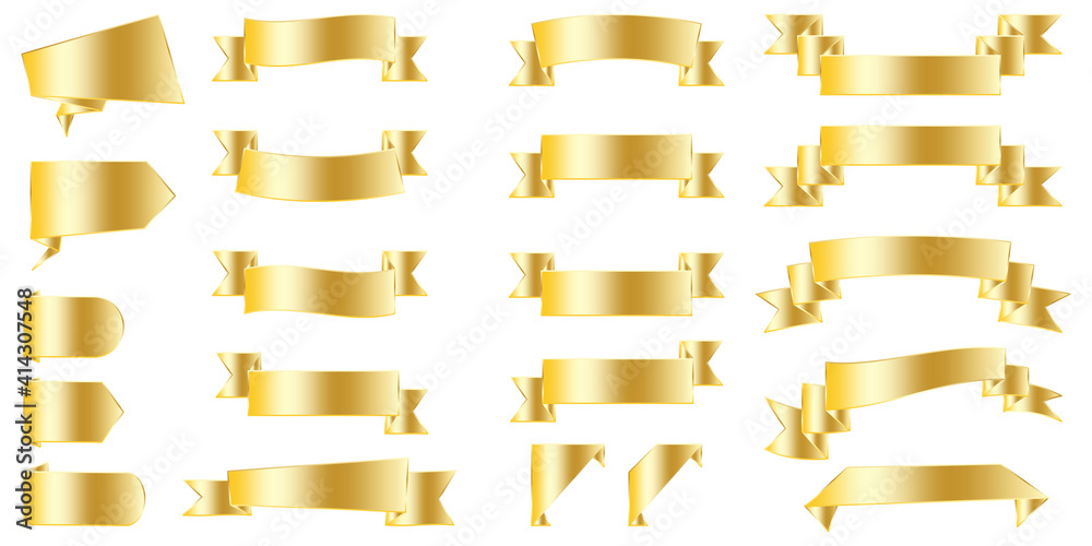 gold ribbons on white background. Gold bow set. Yellow gold ribbons in vintage style. Stock image. EPS 10.