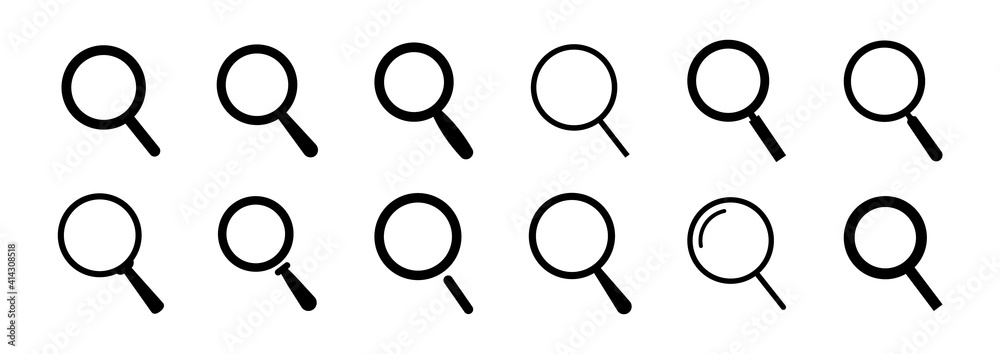 Set of search magnifying glass icons. Vector flat icons for use in website, ui and apps.