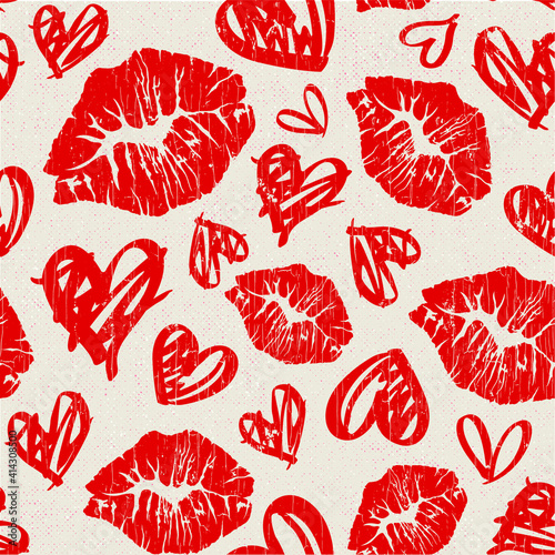 Vector image of a seamless pattern of lips with heart shapes.