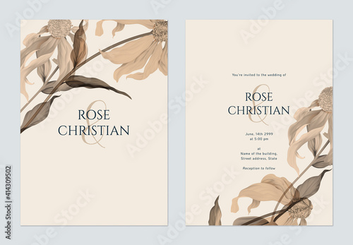 Floral wedding invitation card template design, Cutleaf coneflower with leaves in brown tone