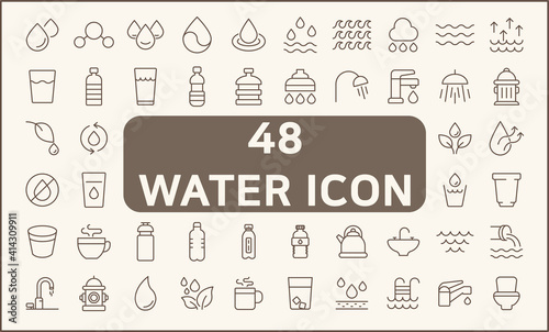 Set of 48 water and drinks Icons line style. Contains such Icons as glasses, bathroom, faucet, shower, cup, kettle And Other Elements.