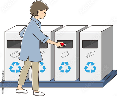 Vector illustration of a woman using a recycling box