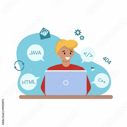 A man is working on a laptop. Vector illustration on the theme of freelancing, office at home. Day of the programmer and webmaster.