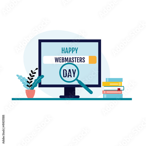 Happy day of the webmaster. A laptop with a congratulatory message. The computer is on the desktop. Vector illustration in a flat style.