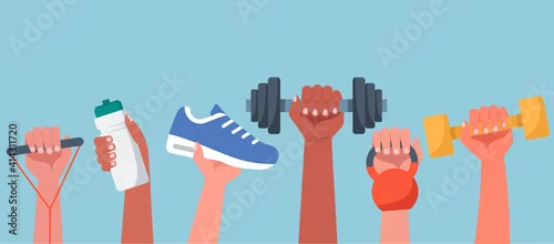 Obraz Sport exercise web banner concept, human hands holding training equipment such as dumbbells, kettlebell and resistance band, time to fitness workout and healthy lifestyle, vector flat illustration