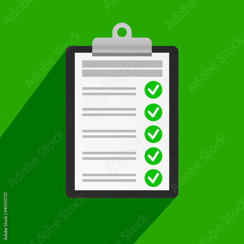 Clipboard with checklist icon on green background.