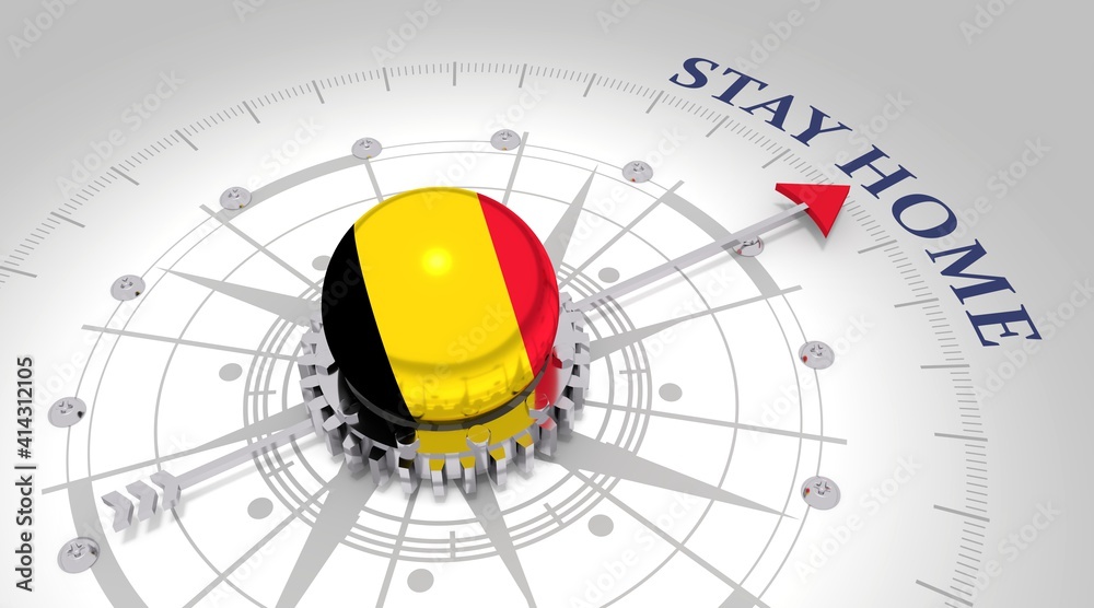 Concept of medicine. Abstract compass points to the stay home text. Flag of Belgium. 3D rendering Concept of medicine. Abstract compass points to the stay home text. Flag of Belgium. 3D rendering