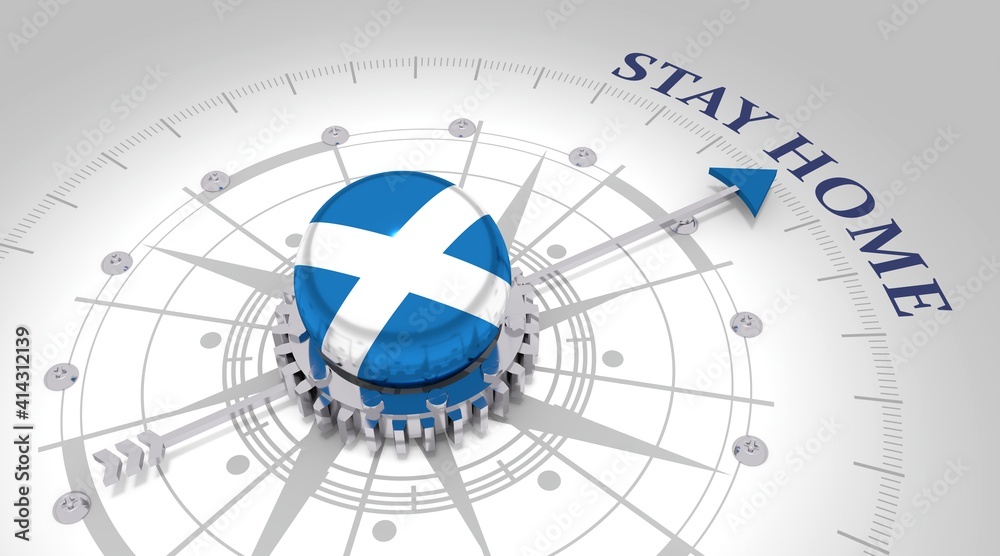 Concept of medicine. Abstract compass points to the stay home text. Flag of Scotland. 3D rendering