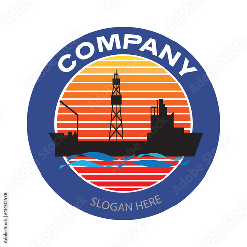 Drilling ship company logo. Oil platform cargo ship badge in circle. Oil and gas industry vector illustration design